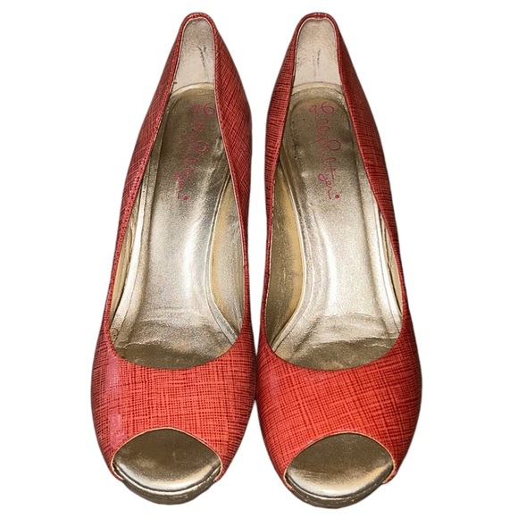 Lilly Pulitzer Resort Chic Distressed Metallic Gold Wedges in Island Coral - 6 - Picture 5 of 14